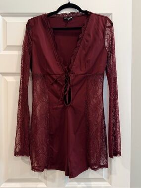 Burgundy Lace Trim Romper